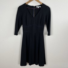 Black Fit Flare Dress Womens 4 LBD 3/4 Sleeve V Neck Knee Length Career Boden