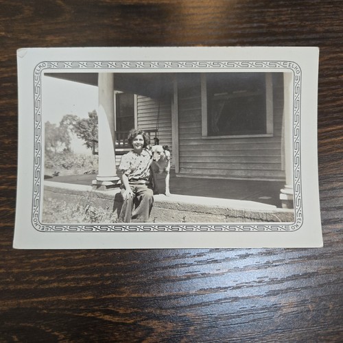 Vintage B&W Photo Snapshot of Young Woman w/ Family Dog on Front Porch - Picture 2 of 12