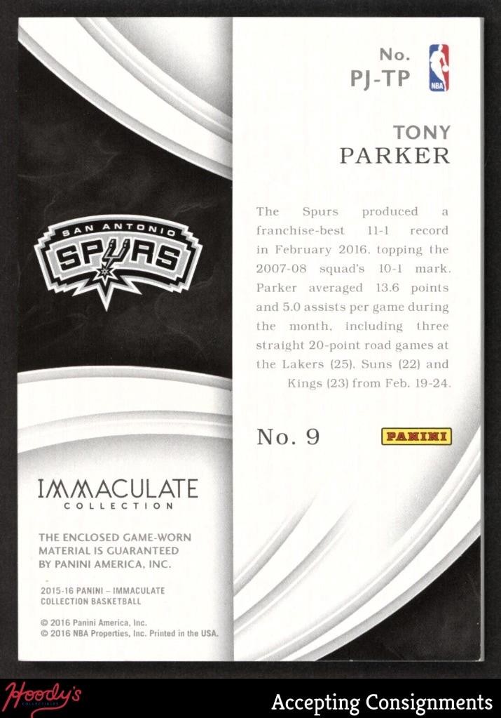 2015-16 Immaculate Jersey Number Tony Parker GAME USED PATCH 9/9 Spurs view 2