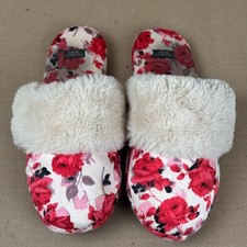 VICTORIA'S SECRET Signature Pink Roses Satin Faux Fur Trim Slippers Size S