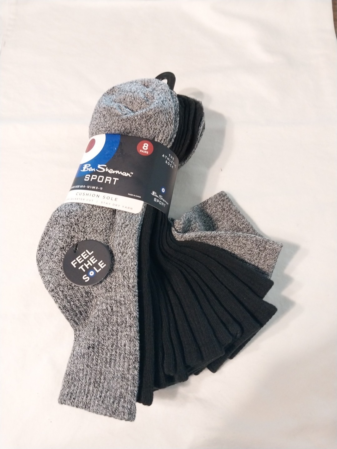 SAOLA Calze sportive Ben Sherman SPORT uomo 8 paia suola ammortizzata taglio quarto alto nuove con etichette