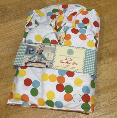 Martha Stewart Kids Kitchen Kit Polka Dot Baking Apron Oven Mitts Chef Hat