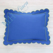 SAMPLE Electric Blue Linen Boudoir Sham Pillow with Green Scalloped Border 12x16