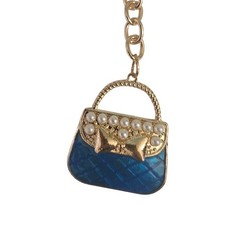 Gold Tone Blue Handbag Charm Faux Pearl Bow Keychain Bag Charm