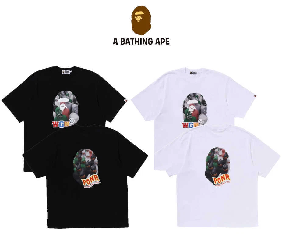 A BATHING APE Men's Relaxed Fit T-Shirt SHARK SEIJIN PHOTO PRINT APE HEAD Motif