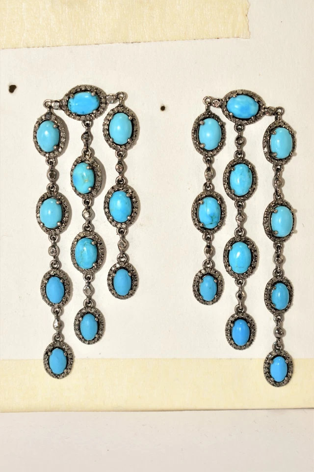 Pave Diamond And Turquoise Earrings 925 Sterling Silver Victorian Jewelry - Image 4 of 4
