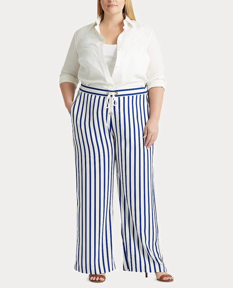 Ralph Lauren Size XXL Woman Striped Satin Wide-Leg Pant In Blue/Cream