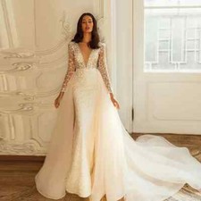 Elegant Deep V-Neck Mermaid Wedding Dresses Full Sleeve Detachable Bridal Gowns