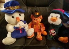 3 STUFFED ANIMALS, PENQUIN, WITCH BEAR AND MAMA SNOWMAN CHILD