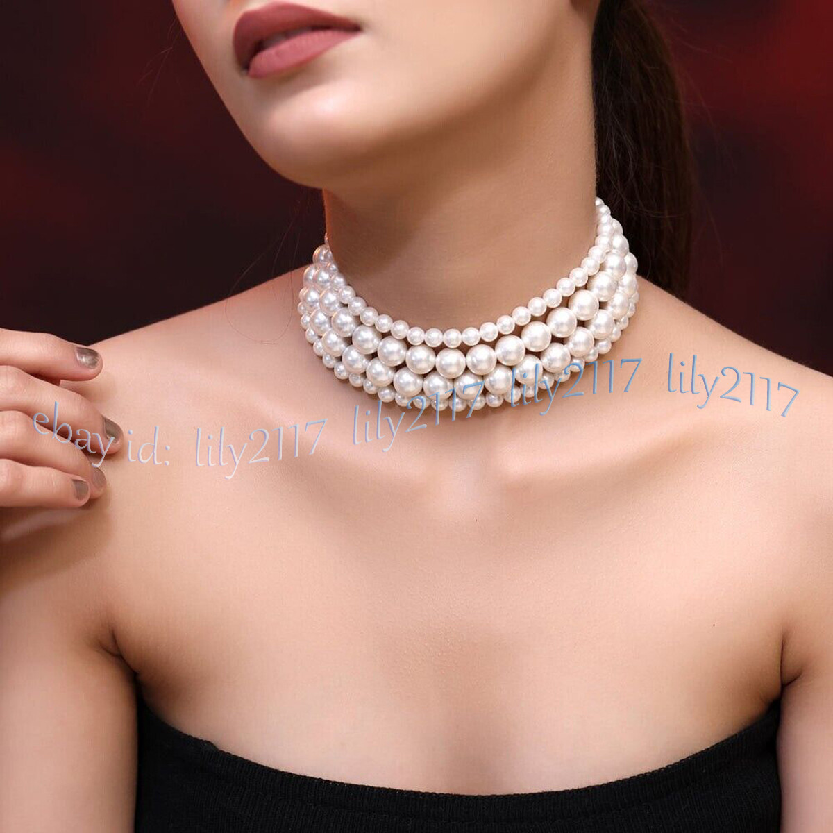 4 Rows White South Sea Shell Pearl Round Beads Multi Strand Choker 