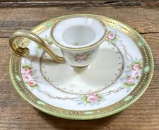 VINTAGE Handpainted Nippon Camberstick Finger Loop Candle Holder Roses Gilt