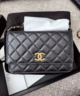 CHANEL 22B Black Caviar GHW Beaded CC Wallet On Chain WOC with