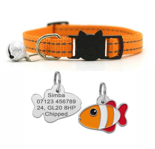 Reflective Striped Cat Collar with Bell & Personalised Engraved Fish Tag ID - Picture 14 of 19