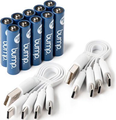 Bump 10-Pack AAA USB-C NiMH Rechargeable Batteries 1.2V 450mAh With Type C Cable