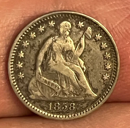 1858 over inverted 1858 Seated Liberty Half  Dime, VF / XF ,  better variety  !