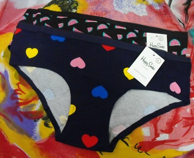 2 NEW HAPPY SOCKS 4366 WM PICOT TRIMMED WAISTBANDS COTTON HIPSTER PANTIES L
