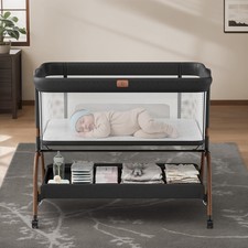 Baby Bassinet Bedside Crib, 3-in-1 Wood Grain Legs  Black Bed