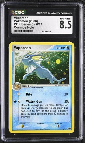 CGC 8.5 NM/MINT+ Vaporeon 6/17 Pop Series 3 Cosmos Holo Pokemon Card