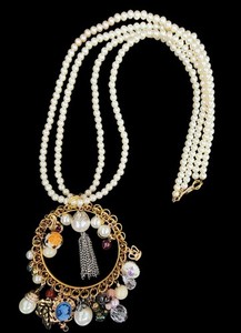 Vintage Upcycled Faux Pearl Necklace W/Large Pendent And Charms.
