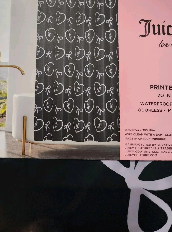 New Juicy Couture Home Hearts Bows Black Eco PEVA Shower Curtain Liner Y2K - Image 3 of 4