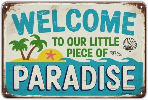 Welcome to Paradise Tin Metal Signs Home Décor Vintage Beach Theme Print Aesthet