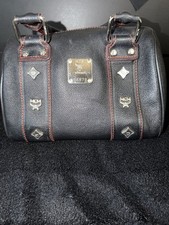 MCM Black Pebbled Satchel Bag Logo Accent Studded Silver Hardware