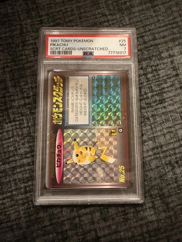1997 Pokemon Tomy Scratch Cards #25 PIKACHU Prism Holo Unscratched PSA 7 Cert777