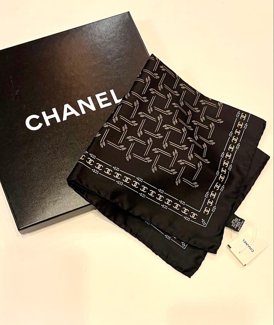 CHANEL COCO Mark Logo pattern Scarf Black 100% Silk about 17.71 x