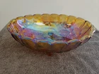 Iridescent Carnival Glass Fruit Bowl Oval Indiana Harvest Grape Amber Footed VTG
