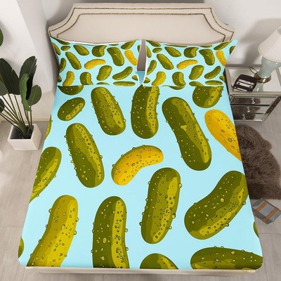 Pickles Fitted Sheet Funny Food Twin Size Bedding Set, Green Cucumbers Bed Sh...