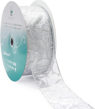 Organza with Silver Glitter Swirls Wired Ribbon 2.5 Inch X 50 Yards