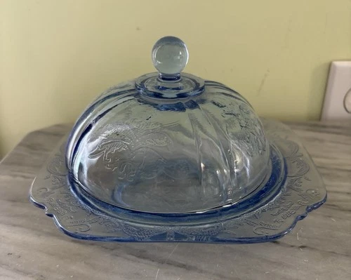 Vintage Madrid Indiana Depression Glass Covered Butter Dish Blue Read Descrip