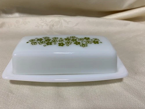Pyrex Corelle Crazy Daisy Spring Blossom Butter Dish Vintage Green, 1/4 Pound