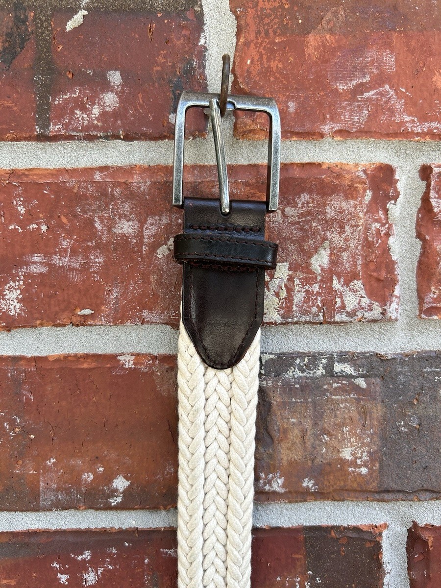 VTG Braided White Canvas Belt with Brown Leather Accents coastal nautical Braided Canvas Leather Belt stylish Woven Belt for Men  main image 4