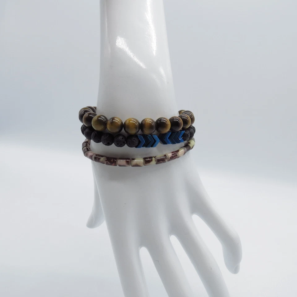 Pulsera 3 Piezas Marrón Negro Cuentas Ojo de Tigre, Roca de Lava, Cuentas de Vidrio Boho 7" Foto 2 de 4
