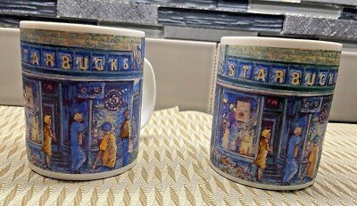 2 STARBUCKS Seattle Pike's Place Market (1st Starbucks) Artist Rendering Mugs