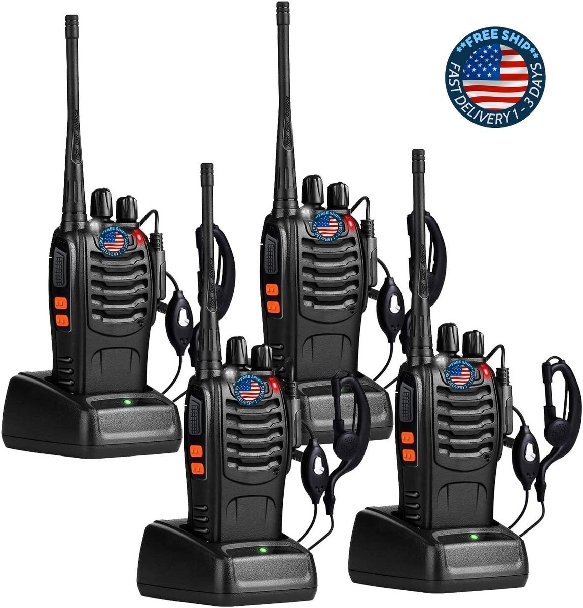 4 Ricetrasmettitori (walkie Talkie) UHF Ricaricabili, Portata Fino A 5 Km, Waterproof, Colore Nero