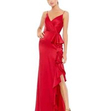 NWT‎ | Mac Duggal 67815 Red Satin Ruffled Asymmetrical Gown Size 8