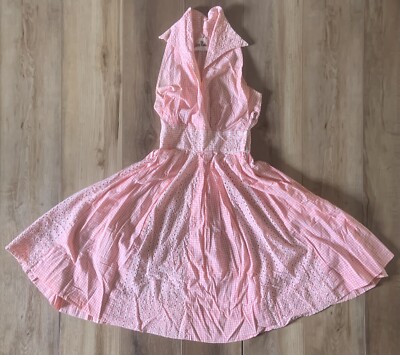 VTG 50s 60s Minx Modes Pink Halter Gingham Floral Eyelet Fit Flare Dress  SEE DIM | eBay
