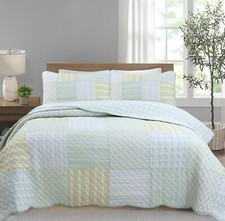 Square Patchwork Plaid Stripes Blue Green Cotton Reversible Quilt Bedding Set