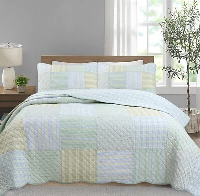 COZY LINE HOME FASHIONS Square Patchwork Plaid Stripes Blue Green Cotton Reversible Quilt Bedding Set