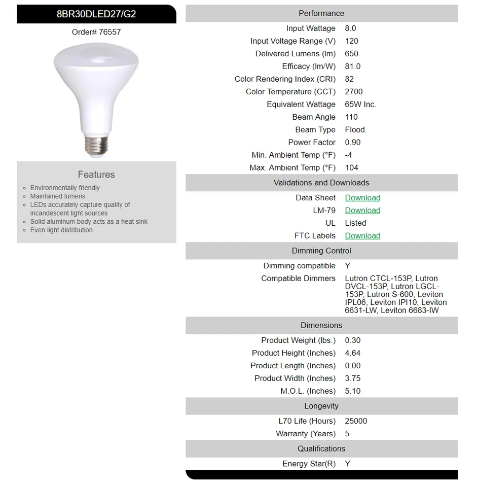 12 BR30 Flood LED Light Bulbs 8w = 65w replacement Soft White 2700k E26 Dimmable - Image 2 of 2