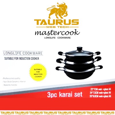 6-teiliges MASTER COOK traditionelles N/S Karahi Set mit Deckel INDUKTION in GESCHENKBOX UK