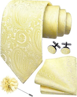 Mens Light Yellow Tie for Wedding Silk Paisley Necktie Pocket Square Cufflink...
