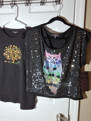 Almost Famous Womens Sequins Owl Crop Top Sz L NWT And Tree Of Life Shirt Sz S 