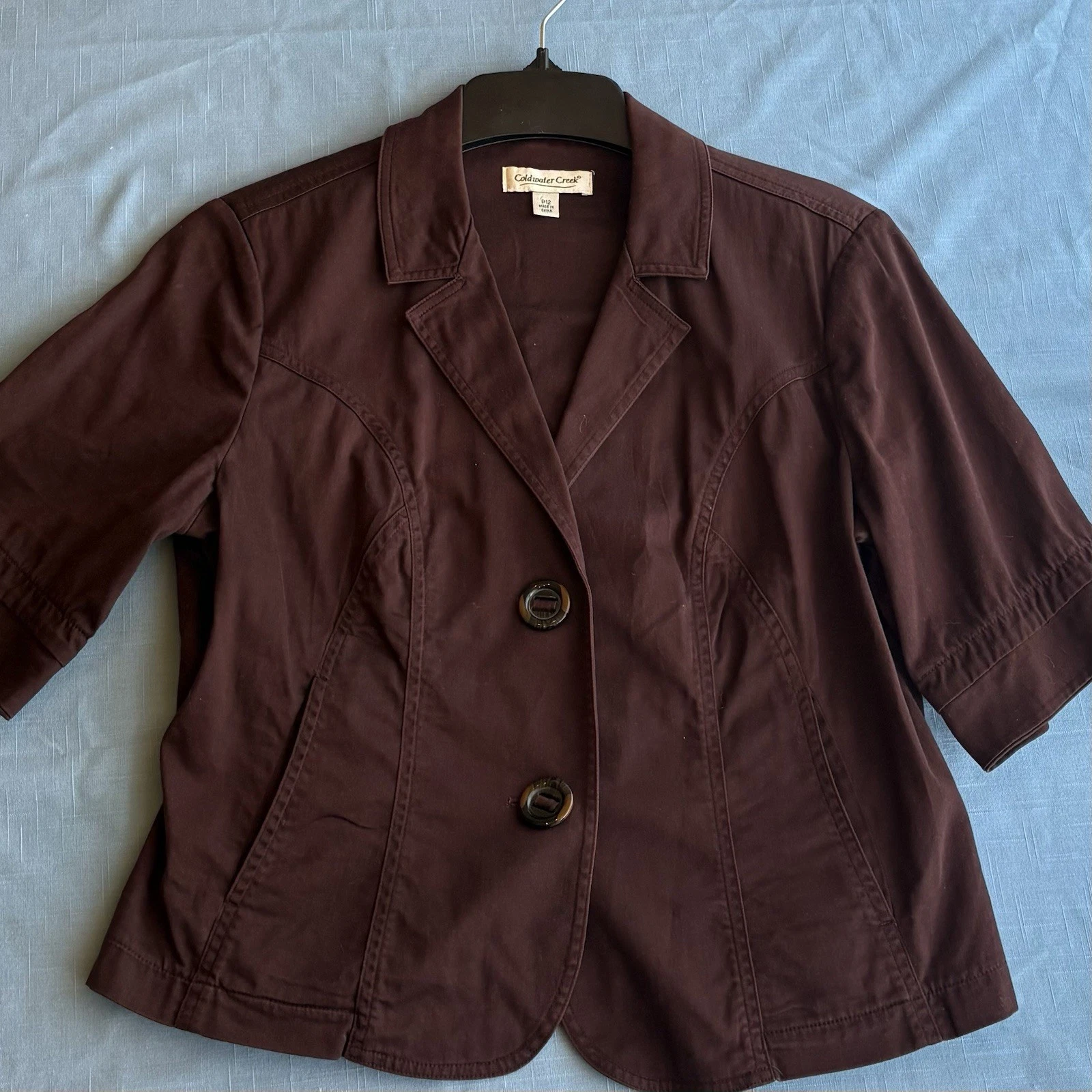 VETEMENTS Giacca Coldwa Creek Petite 12 marrone 2 bottoni bavero dentellato manica corta