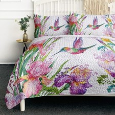 Tropical Birds Quilt Set Queen Size, Watercolor Hummingbird Flowers Pattern Beds