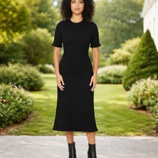 Club Monaco SZ L Mix Stitch Ribbed Crochet Ruffle Hem Midi Dress Black Knit