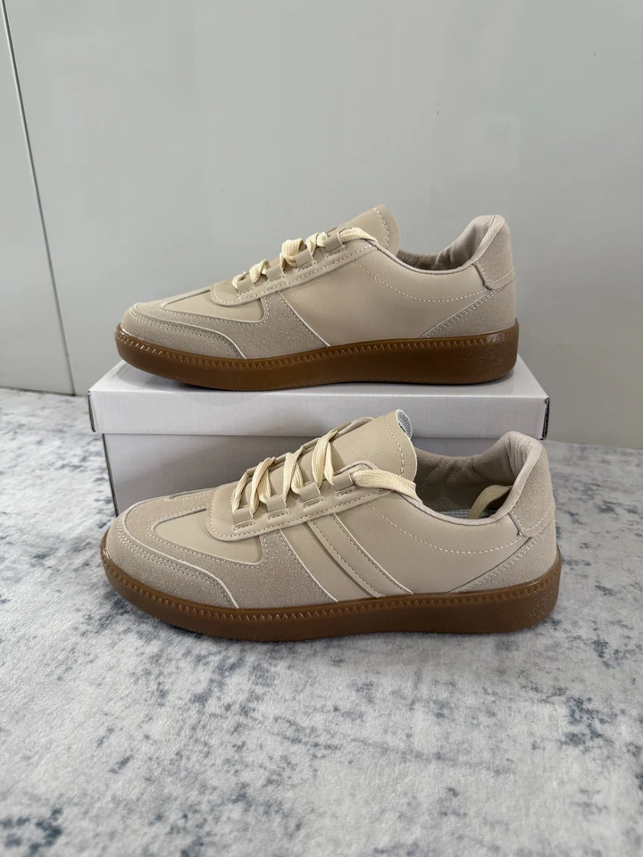 Women’s Beige Retro Style Sneakers Casual Lace-Up Trainers with Gum Sole Sizes - Image 3 of 4
