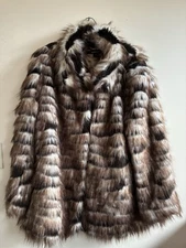 DKNY Donna Karan New York Faux Fur Long Jacket / Stroller White With Brown Large